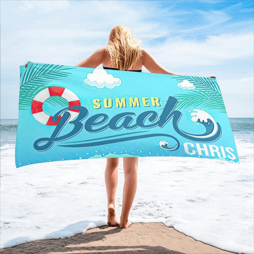 Custom Name Beach Towel Personalized Seaside Summer Beach Print Bath Towel for Kids Women Men Bath Towels for Travel Camp Swim