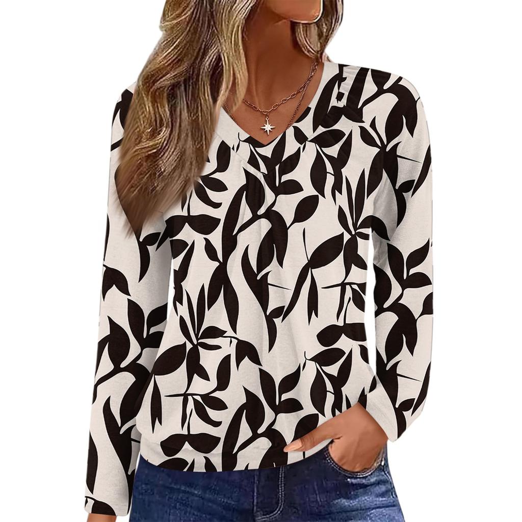 Top Casual de Moda para Mujer con Cuello en V, Manga Larga Raglán Plisada con Estampado Floral