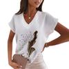 Summer V-neck 3D Feather Printed Top Extremely Simple Style Fashionable Casual Short Sleeved Women's T-shirts