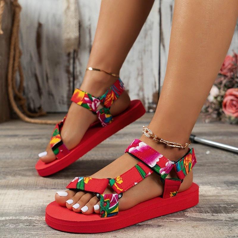 Summer New Thick-soled Cloth Ethnic Women's Shoes Fish Mouth Color Matching Velcro Beach Sandals