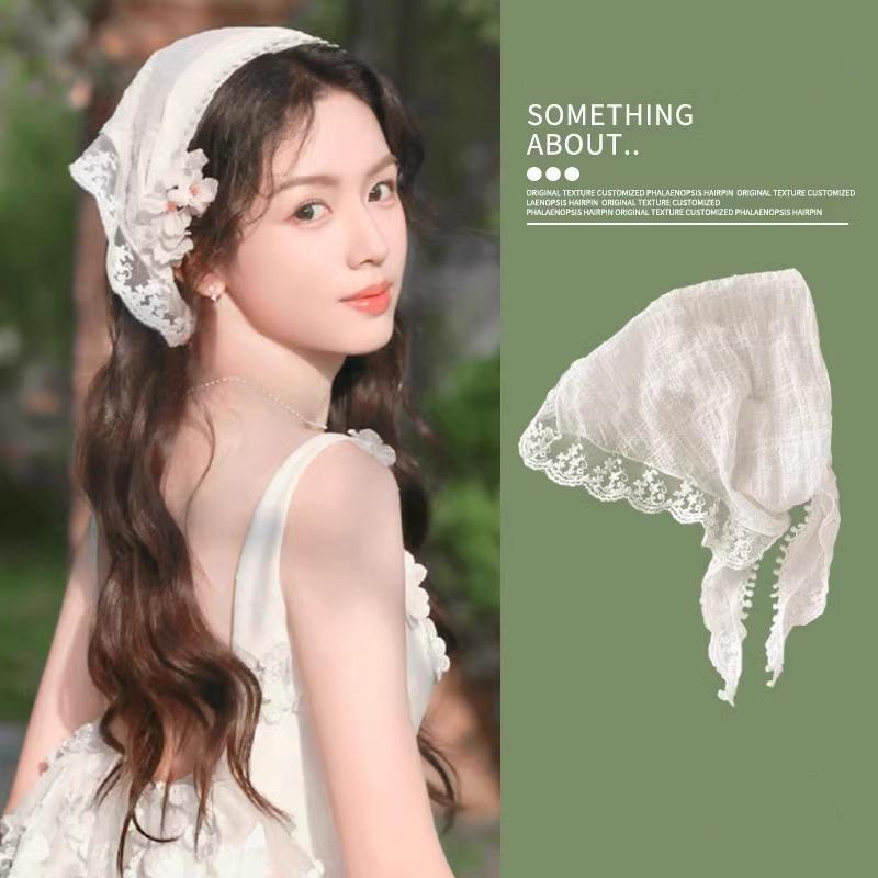 New White Lace Hair Bands Hoop For Women Elastic Triangular Scarf Girls Rural Style Seaside Hairband Headwear Hair Accessories