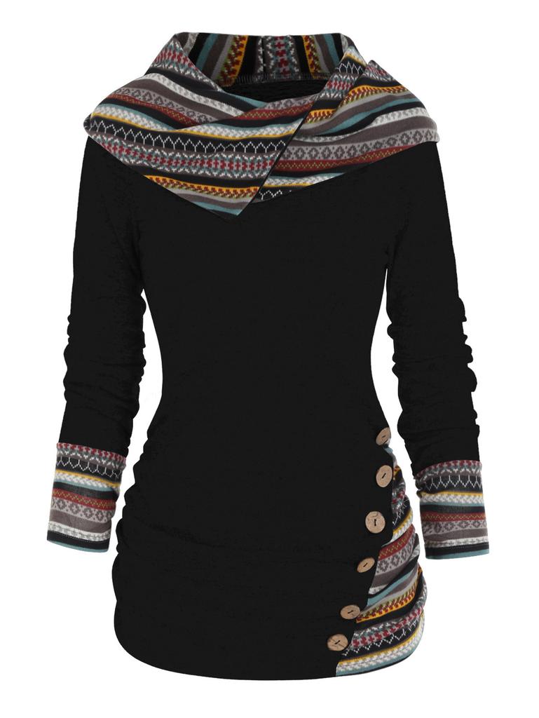 Tribal Geometric Stripe Splicing Hooded Top Knitted Long Sleeve Button Casual Ethnic Sweater