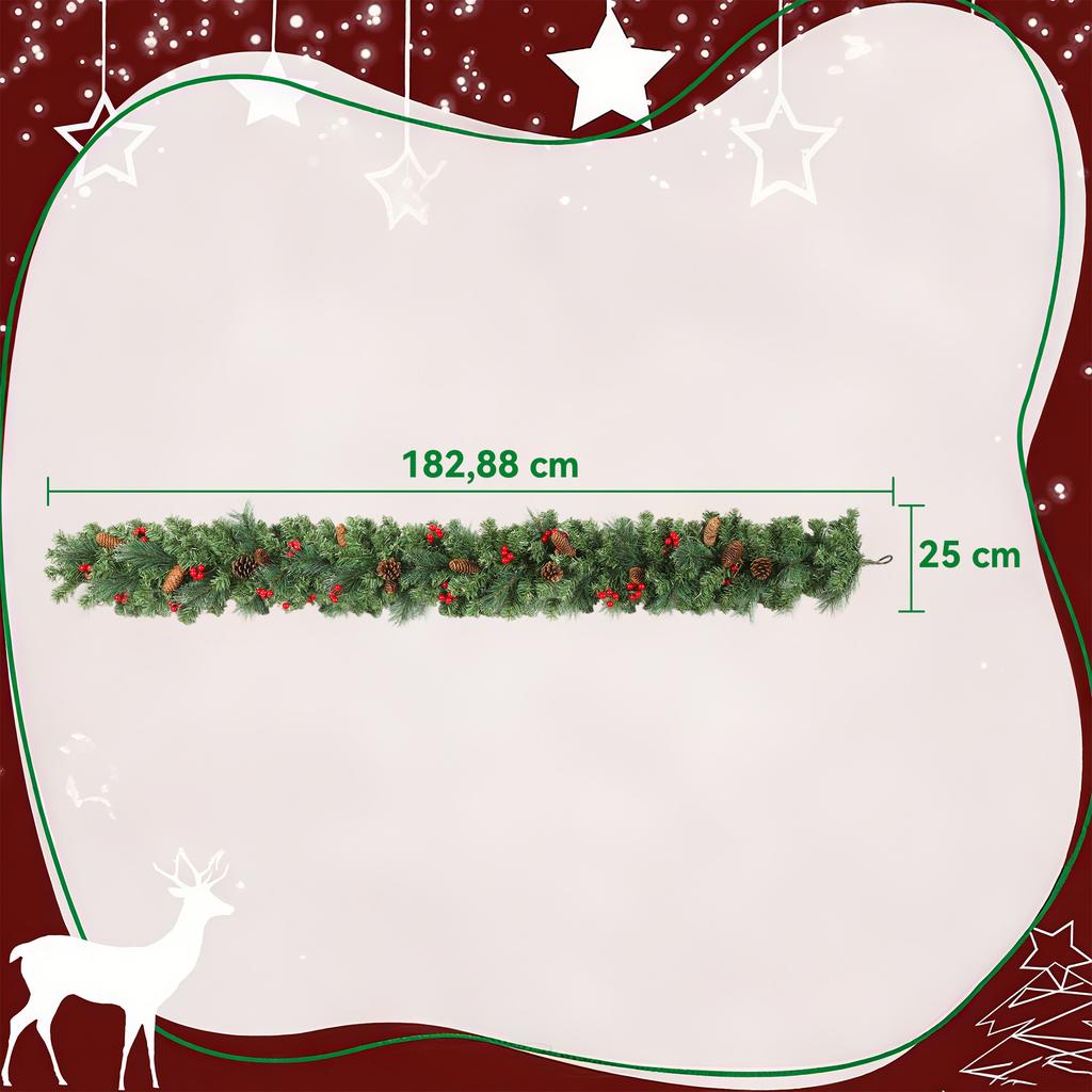 Artificial Christmas Garland 180 Cm, Christmas Decoration, 162 Dense Branches, Pine Cones, Berry Bunches, Green