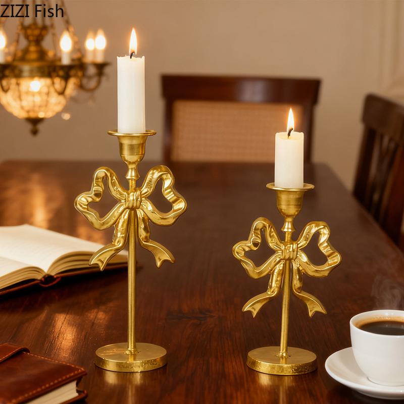 Golden Bowknot Decorative Candle Holder Ornaments Romantic Candlestick Table Decoration Wax Melt Burner Home Aroma Container