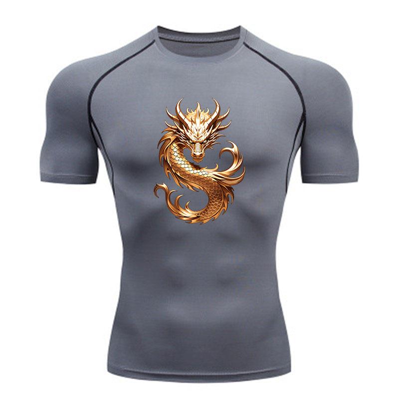 Men's Gold Chinese Dragon Print Compression Workout T-shirt