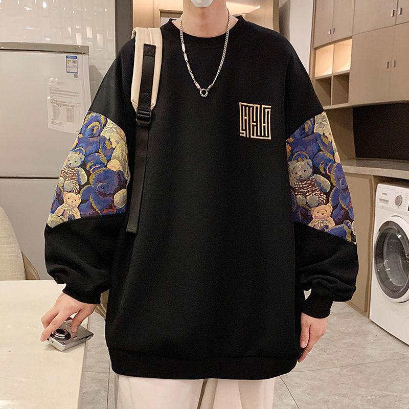 Men's Embroidered Chinese Style Round Neck Hoodie, Plus Size, Spring/Autumn Casual Top