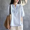 Women's V Neck Short Sleeve Blouse Loose Fit Bohemian Casual Top Embroidered Cotton Linen Summer Tunic