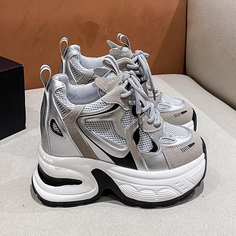 High Platform Casual Lace-up Sneakers for Women 2025 Fashion Designer Lightweight Breath Mesh Leather Thick Heel Sport Dad Shoes