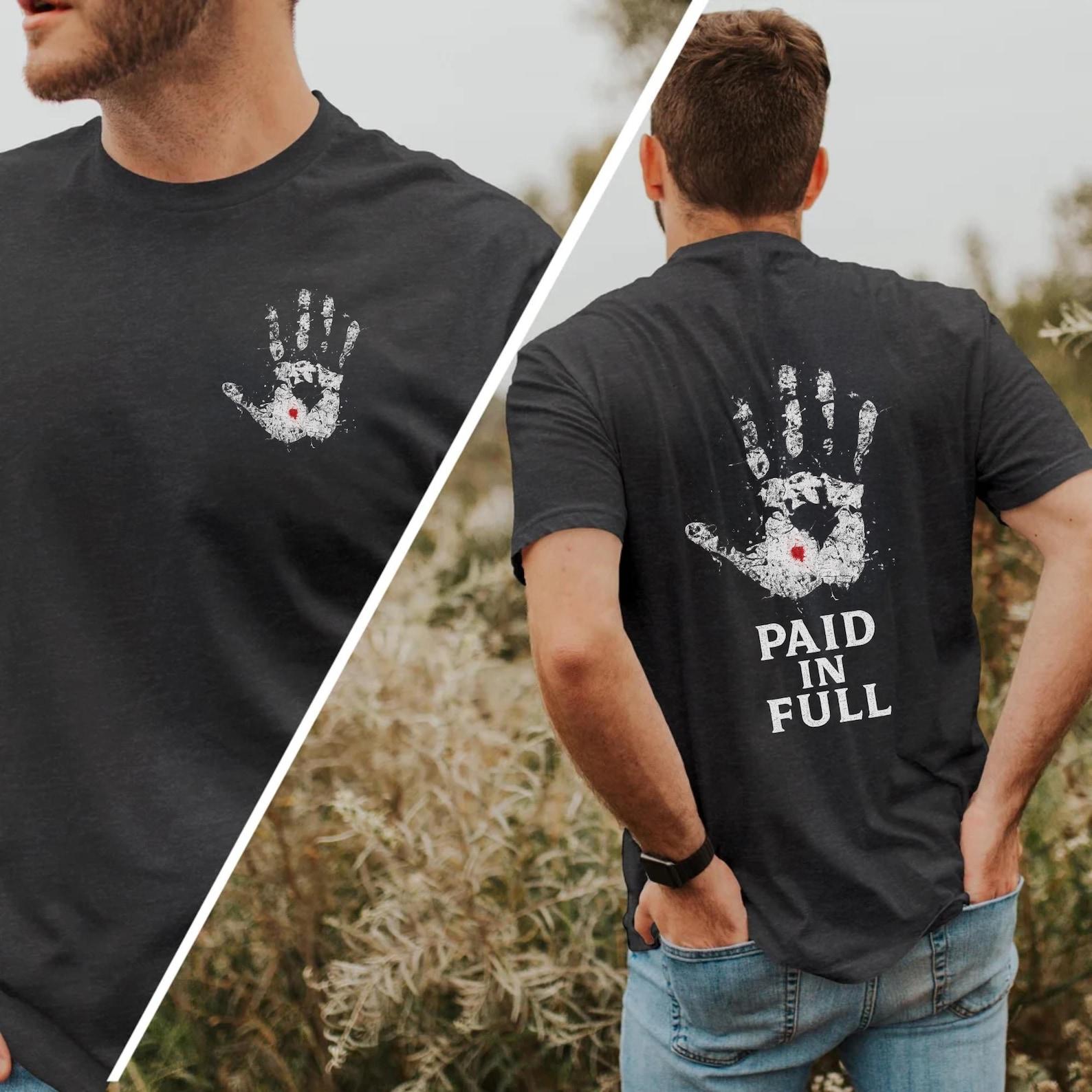 Paid in Full Christian Tee: White Handprint Jesus Cross Graphic L