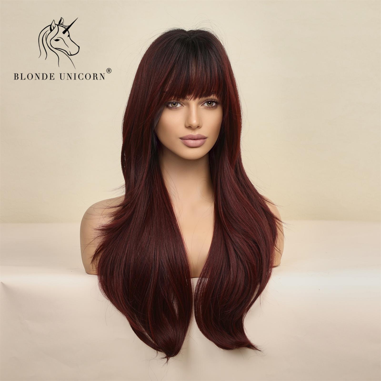 

Блондинка-единорог, вишневый красный парик, синтетический длинный волнистый парик с челкой, повседневные вечерние парики для косплея для женщин, термостойкие