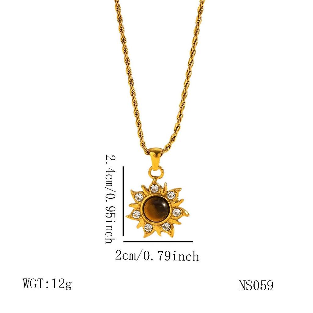 European-American Maillard Natural Tiger Eye Sunflower Pendant Necklace, Women's Retro Luxury Titanium Steel Design