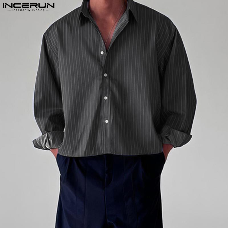 INCERUN Plus Size Men Spring Turn Down Collar Long Sleeve Striped Shirts Casual Tops