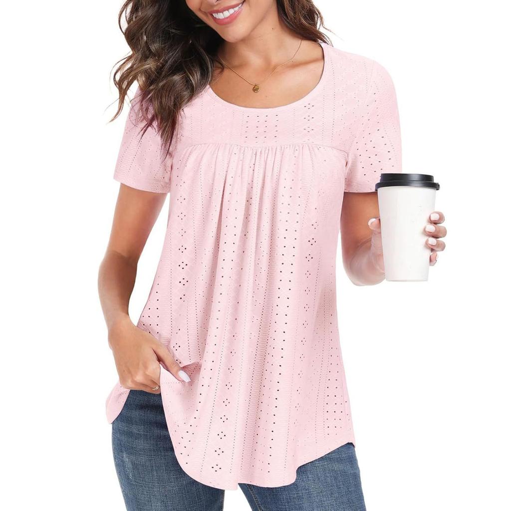 Women Casual Hollow Out Short Sleeve T Shirt Round Neck Loose Fit Lightweight Breathable Summer Top
