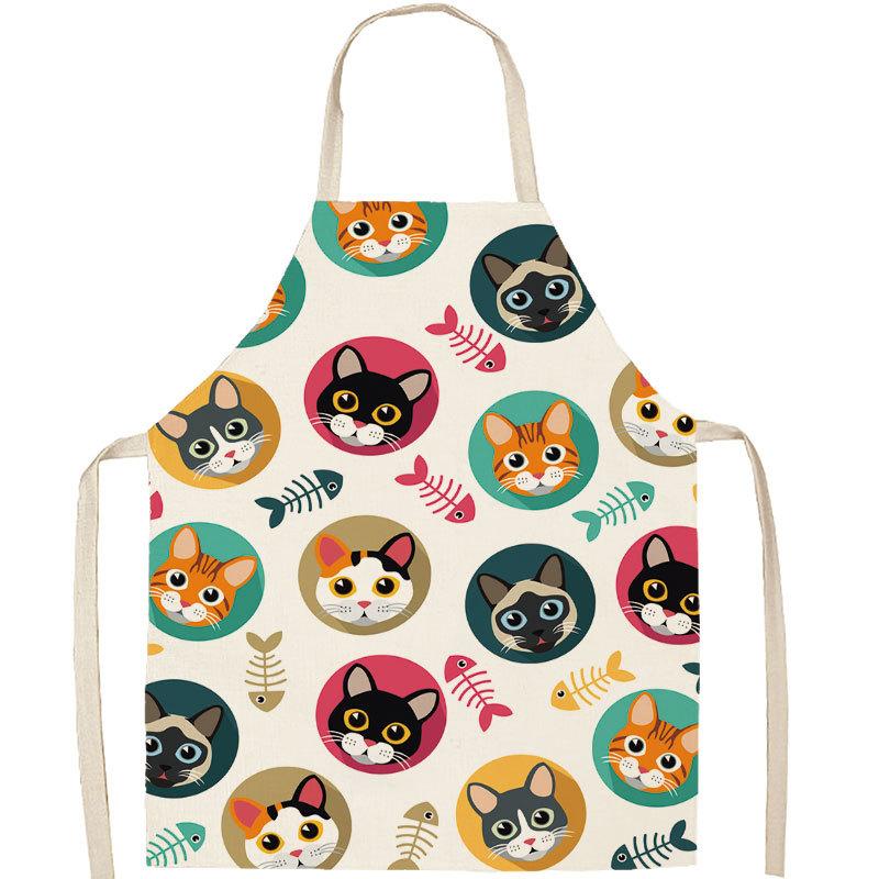 1Pc Apron Cotton Linen Cooking Cute Cat Printed Home Sleeveless Aprons Men Women Baking Accessories Household Kitchen Supplies