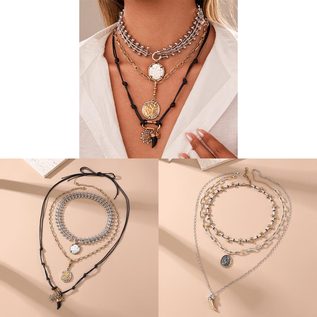 Punk Geometry Alloy Pendant Necklace For Women With Multilayer Chain
