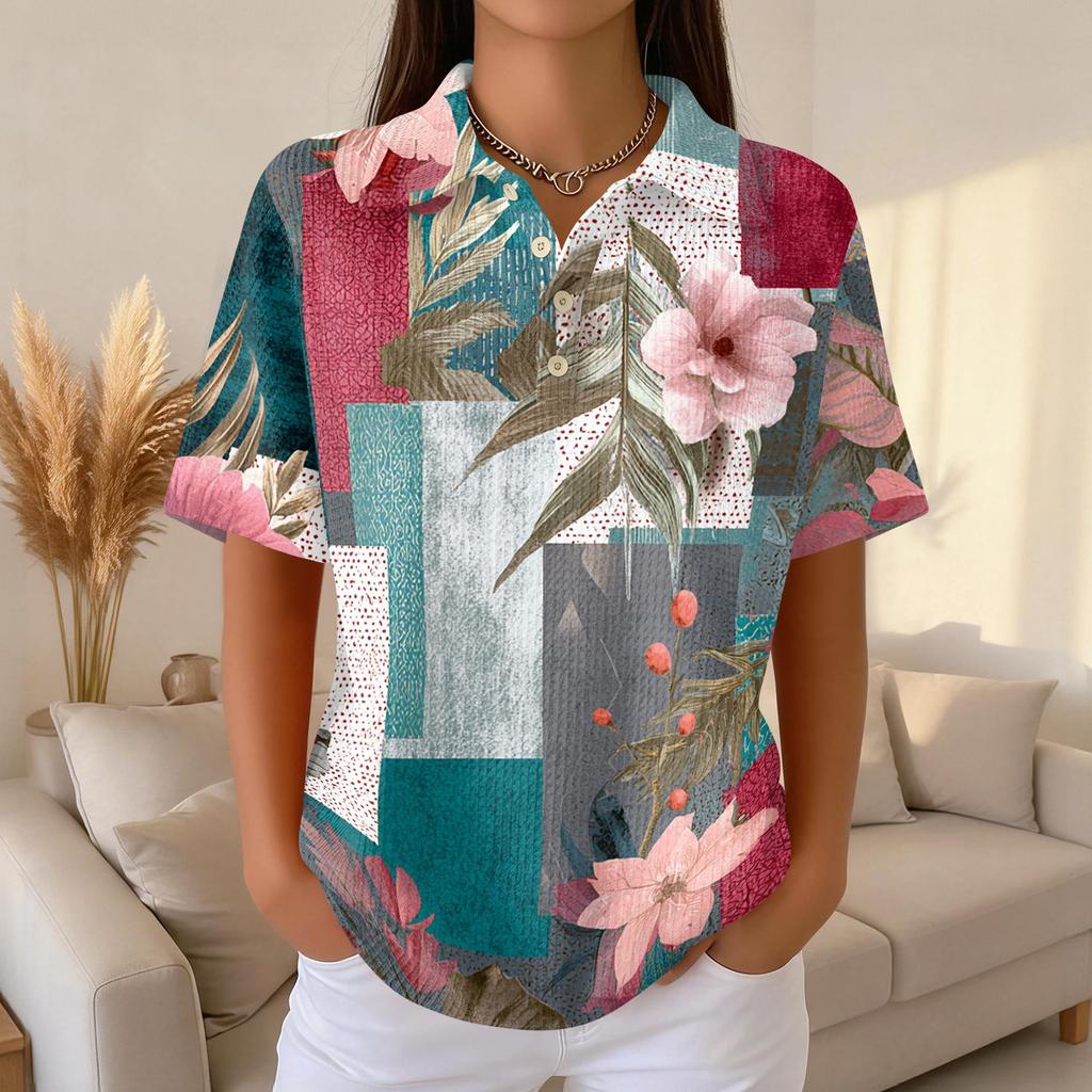 Women's Casual Short Sleeve Waffle Knit Polo Shirt Retro Floral Print Button Down Top Lightweight Breathable Summer Blouse