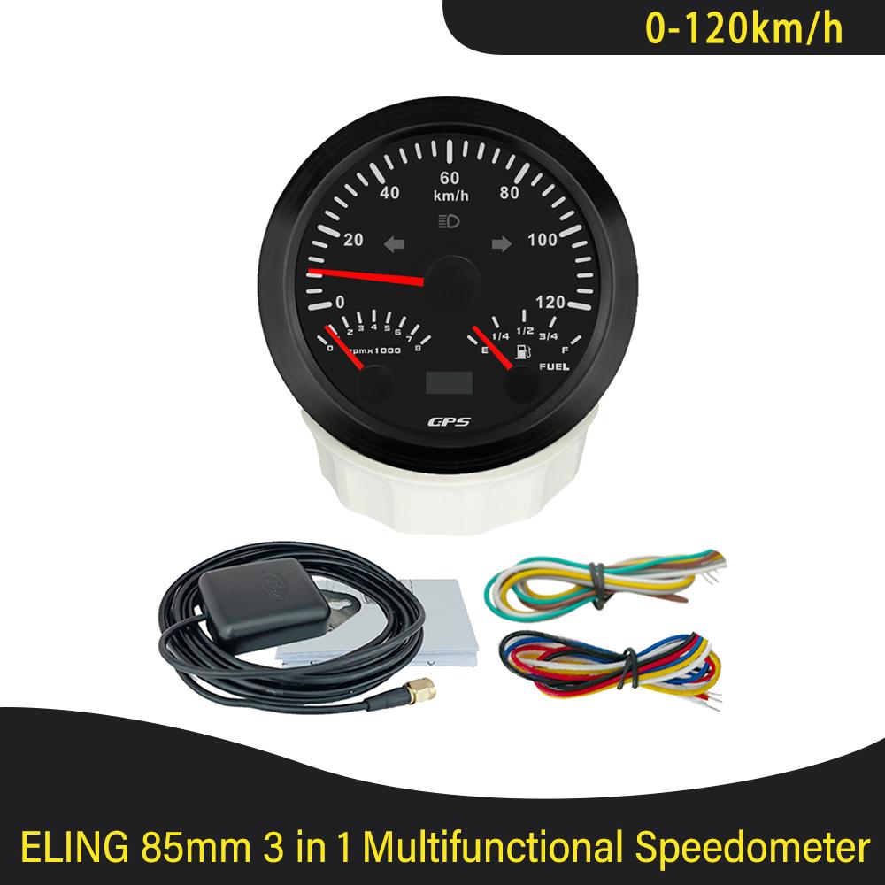 Universal 85mm 3 in 1 Multifunctional 0-120 0-200 KM MPH GPS Speedometer with 8000RPM Tachometer Fuel Level 7 Colors Backlight