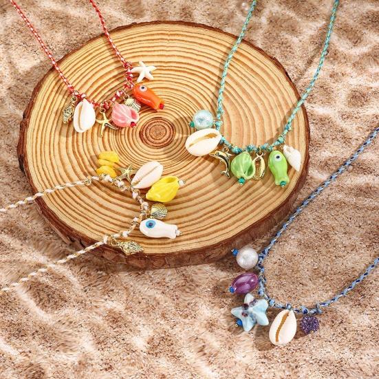 Ceramic Shell Fish Pendant Necklace for Women Irregular Gravel Braided Rope Adjustable Necklace Ocean Theme Boho Beach Jewelry