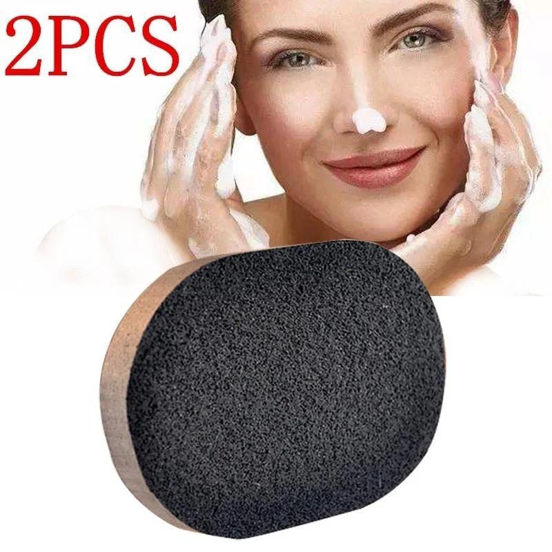 2pcs Soft Natural Black Bamboo Sponge Beauty Face Wash Cleansing Makeup Puff Charcoal Black Hot Sale Korean Skin Care