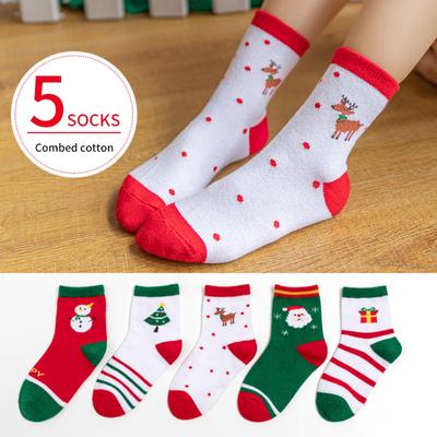 Kids Cotton Socks 5 Pairs of Children's Socks Cartoon Christmas Style Socks Anti-slip Middle Tube Floor Socks for Girls and Boys