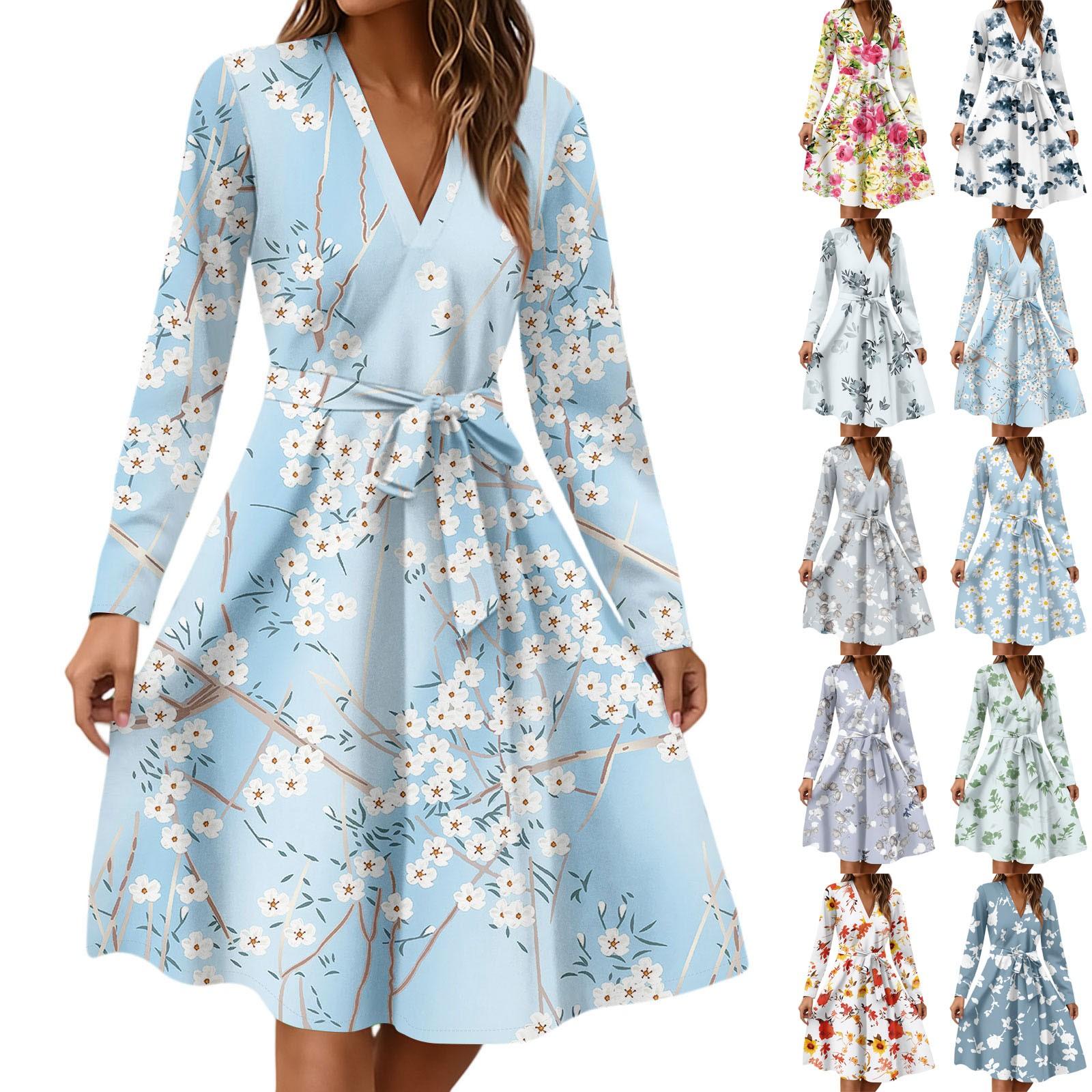 

Women s Fashion Casual V-Neck Long Sleeve Waist Floral Print Midi Dress XL рожевий