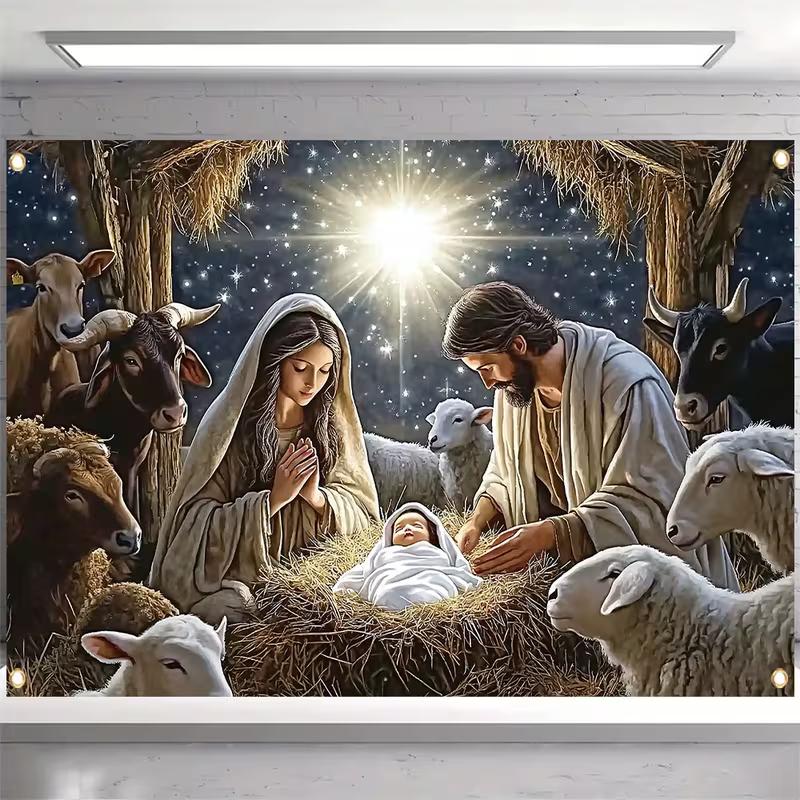 2D Religious Nativity Scene Backdrop, Jesus Birth in Manger with Sheep & Star Christmas Background