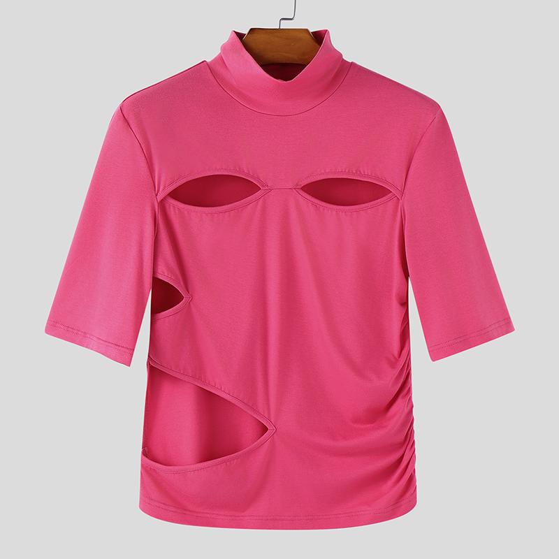 

INCERUN Men Summer Mockneck Short Sleeve Cutout Stretch T-shirts Tops 5XL темно-розовый