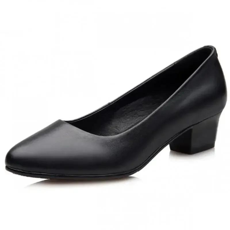 2025 Spring New Work Shoes Black Professional Women High Heels Shoes Pumps Low-heeled Leather Office Career Formal Women Shoes
