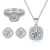 Sterling Zircon Jewelry Set Women: Ring Clover Stud Earrings Square Round Pendant Necklace