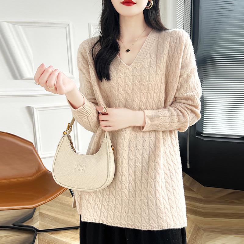 Women's Mid-Length Cable Knit Wool Sweater - Soft, Loose, V-Neck, Perfect for Autumn and Winter, Wear as Outer or Base Layer.