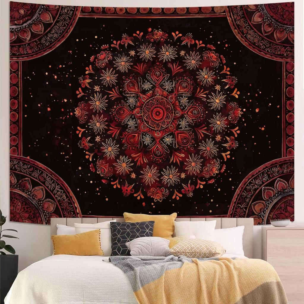 Boho Mandala Tapestry Wall Hanging Hippie Bohemian Floral Flower Medallion Tapestry Aesthetic Large Vintage Black Red Indian