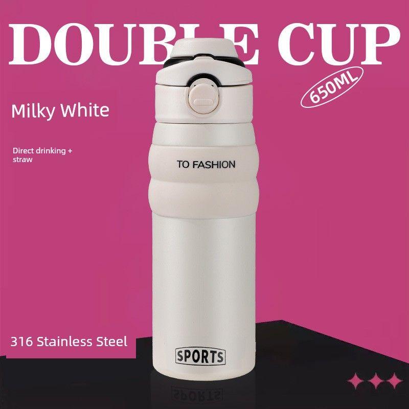 

316 Stainless Steel Large-Capacity Thermos Cup, Dual-Use Street Cup, Portable Sports Water Cup, Handheld Travel Flask Double Drink White Frosted 550ml