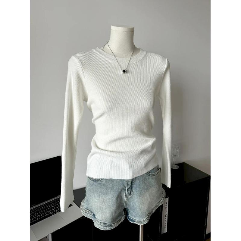 Simple and Versatile Slim-fitting Knitted Bottoming Shirt Women's Spring and Autumn Shoulder White Long-sleeved Shirt Basic Inner Top