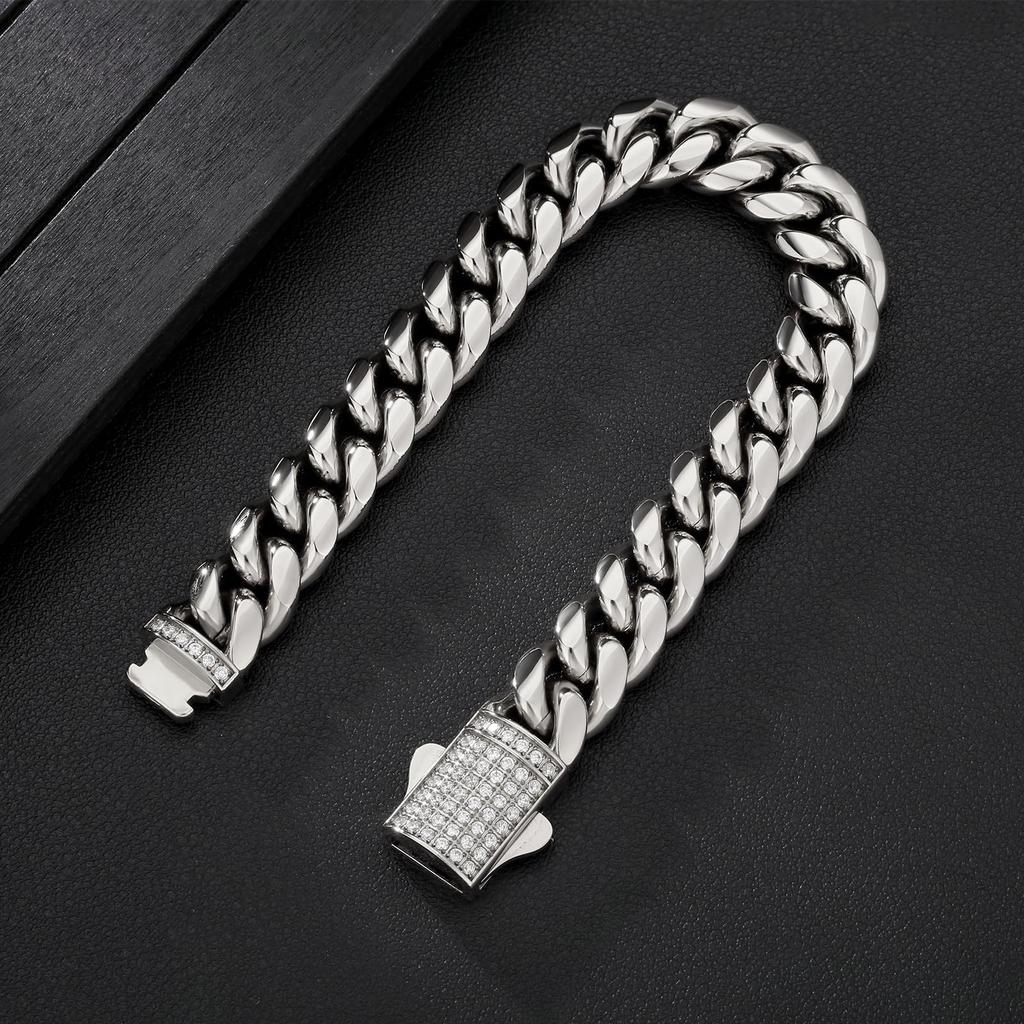 Kihei Bracelet Bracelet 12mm Stainless Steel Miami Cuban Chain 18K Gold Plated Kihei Bangles Zirconia Metal Hypoallergenic Rapper Dancer B Series Hip