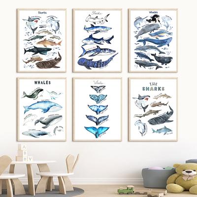Ocean Animals Whales Shark Fish Nordic Education Posters And Prints Wall Art Canvas Painting Pictures For Baby Kids Room Decor