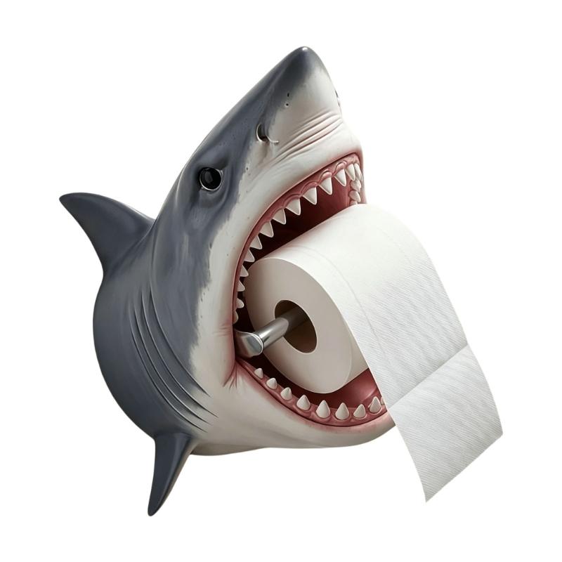 Bathroom Tissue Holder with 3D Shark Design, Roll Stand for Daily Paper Dispensing, Countertop Storage Accent for Restroom and Wash Area Use