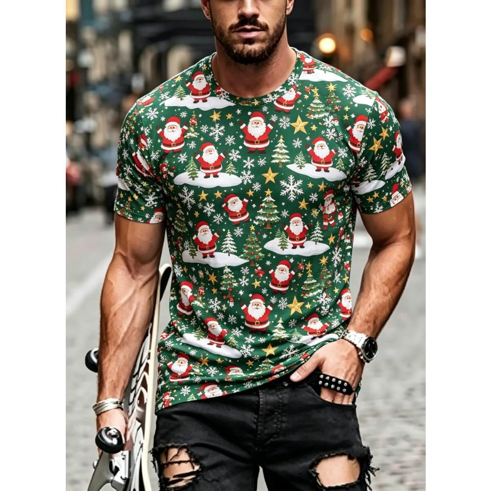 Men Festive Short Sleeve Top, Santa Claus Xmas Tree Star Print Crew Neck
