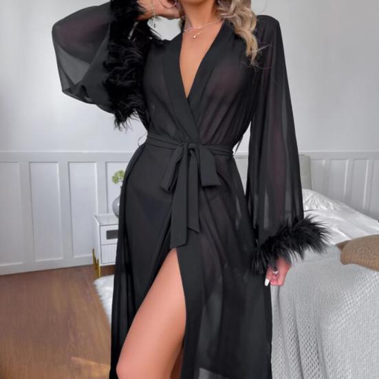 Feather Trim Sheer Mesh Robe for Women Long Sleeve Belted Kimono Robe