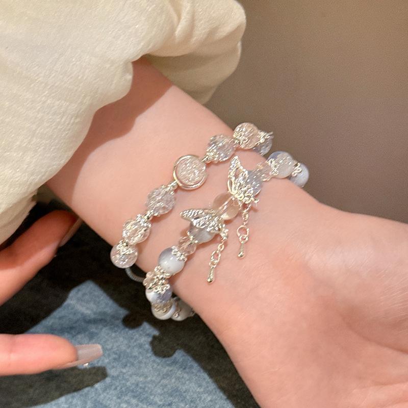 Sweet Pink Crystal Beads Bracelets for Women Fashion Bow Pendant Tassel Chain Bracelets Charms Summer Jewelry Accessories