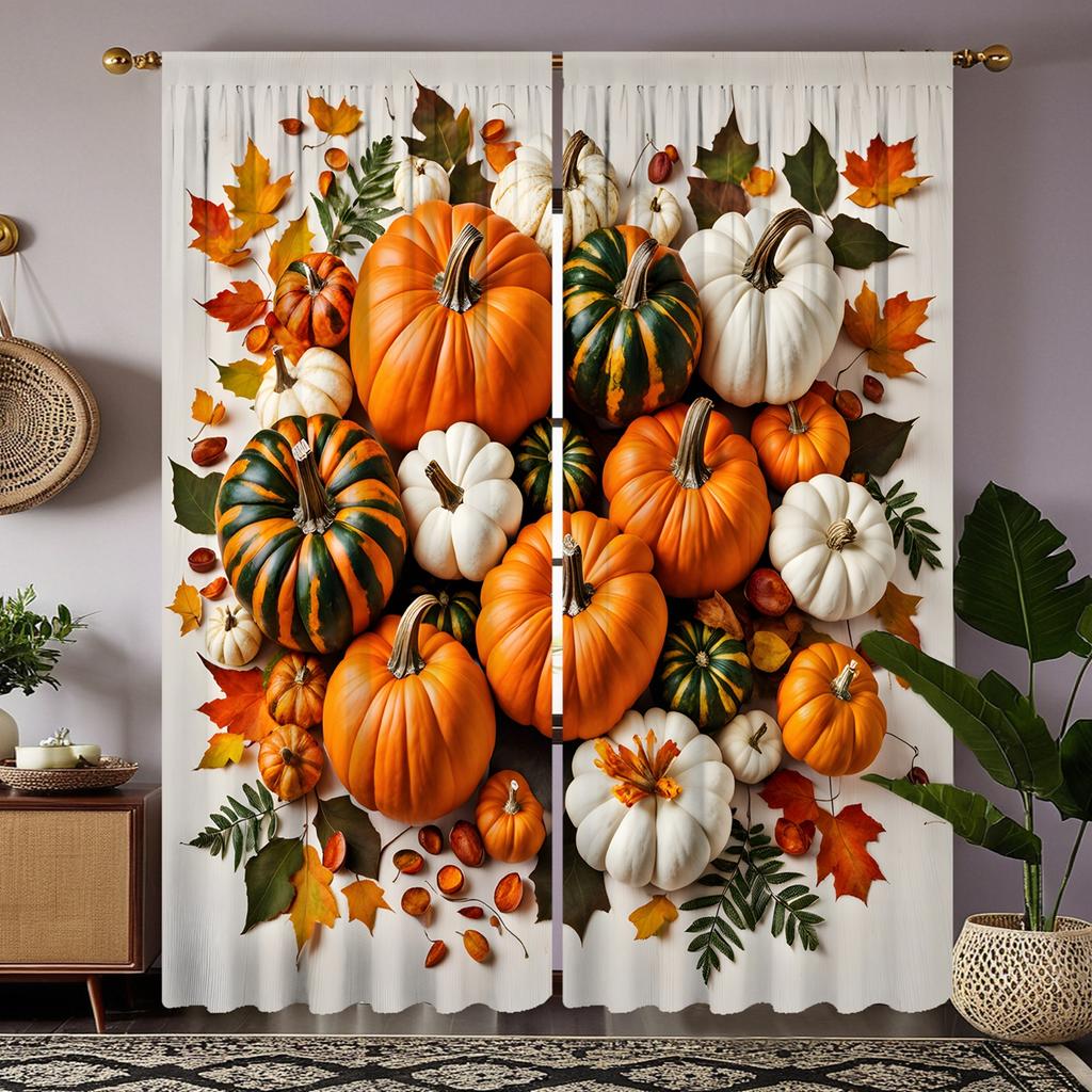 2 pieces HD blue plaid pumpkin maple leaf decorative curtain Yellow tie digital printed curtain Home decoration style decoration