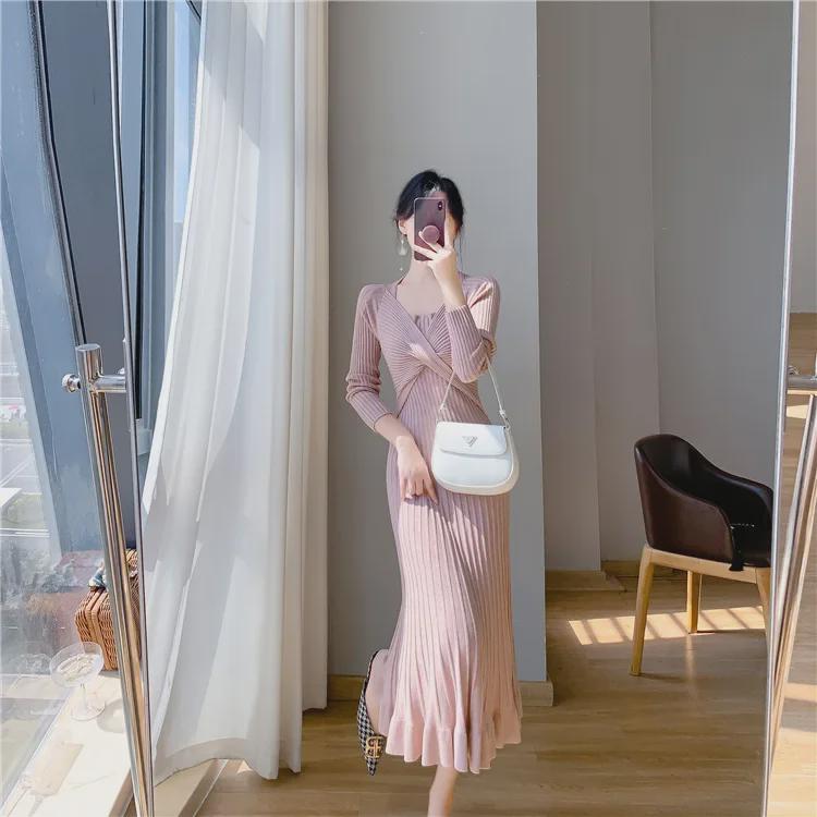 Korean Style Women's Long Over-the-Knee Sweater Dress with Fishtail Hem for Autumn/Winter