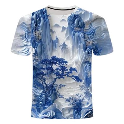 2024 Verão Tinta Pintura Paisagem 3D Impresso Manga Curta Unissex Personalizado Gola Redonda T-shirt