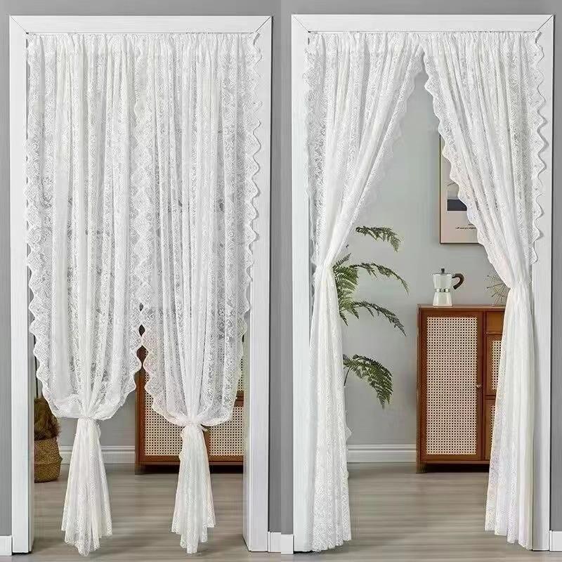 Vintage Lace Curtains  Romantic Semi Sheer Floral Lacy Curtain for Living Room, Elegant Window Drapes for Bedroom with Pearls