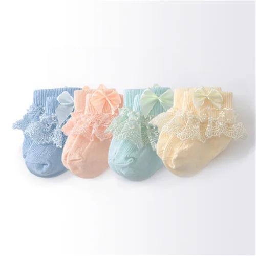 4 Paare/Los Frühling Herbst Neugeborene Babysocken für Mädchen Baumwolle Spitze Säuglingsmädchen Socke Prinzessin Schleife Kleinkind Baby Mädchen Socken 0-24M