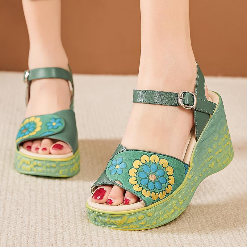Fashion GKTINOO Wedges Sandals 2025 Summer New High Heels Bohemian Genuine Leather Comfortable Thick Bottom Women's Platform Shoes