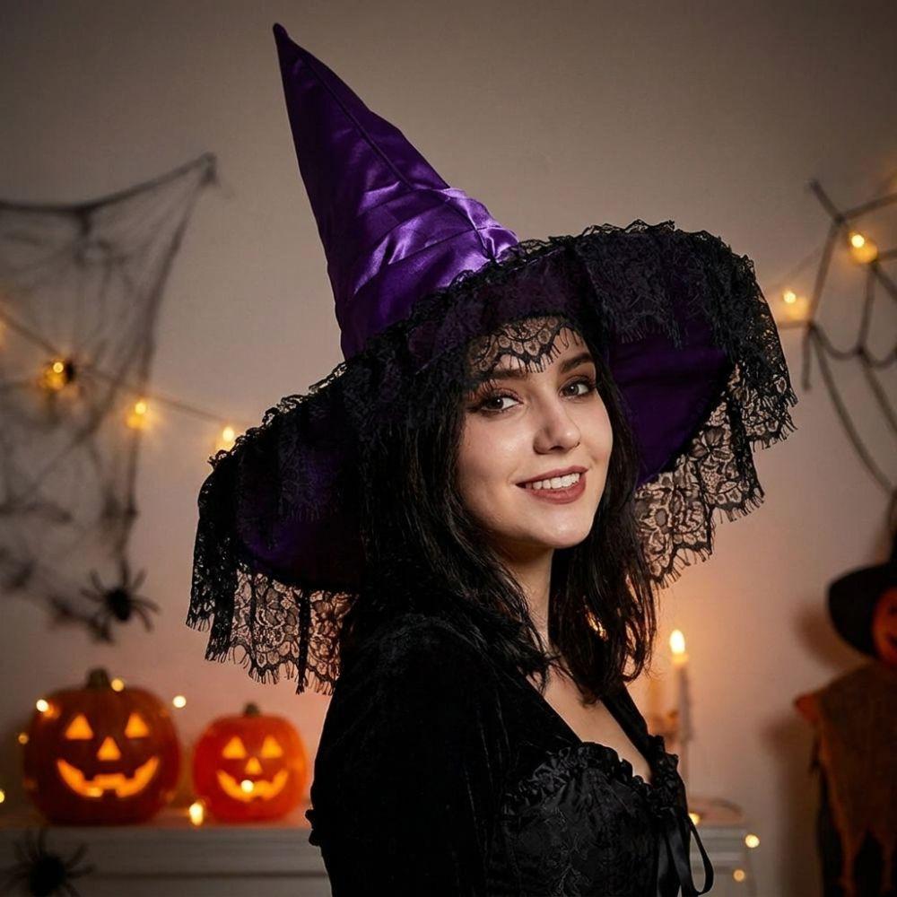 Lace Trim Halloween Wrinkled Witch Hat Gothic Cosplay Party Witch Hat Cosplay Event
