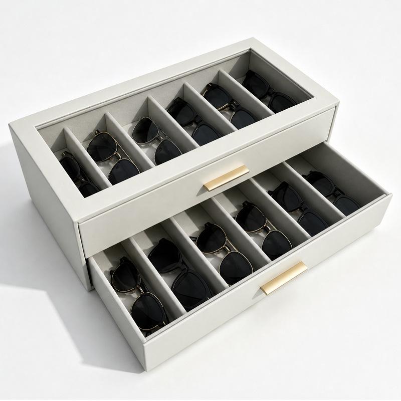 Sunglasses Organizer With Clear Display Top, 2 Drawer Multi Slot Eyeglasses Storage Box Eyewear Holder Case For Desktop