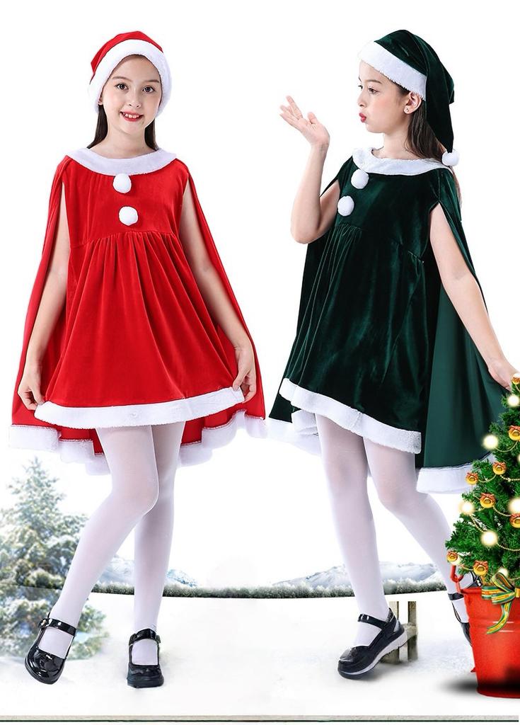 MiniAya Tomtekostym för Flickor, Juloutfit med Kappa och Hatt, Söt Röd och Grön Poncho, Fluffig Jultomtekostym för Flickor, Perfekt