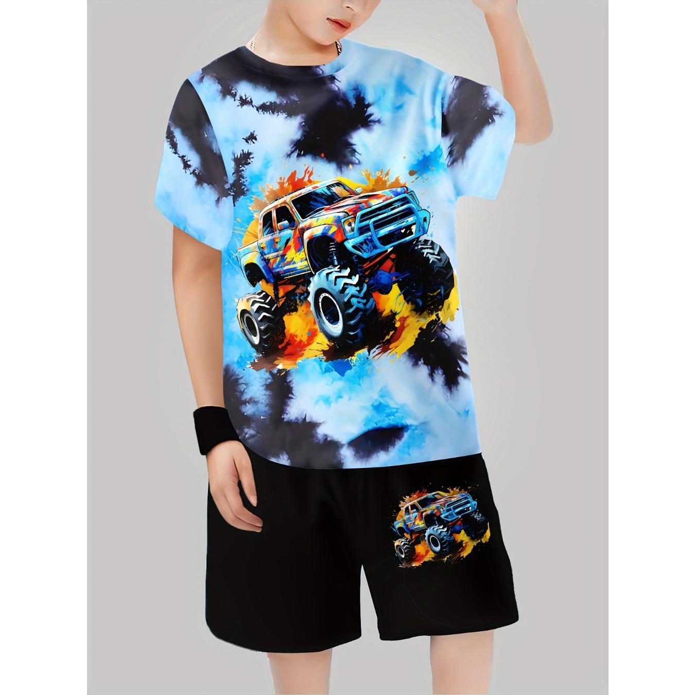 Boys 3D Printed Off-Road Monster Truck Graphic T-Shirt Shorts Set - Vibrant Outdoor Casual 13-14Y
