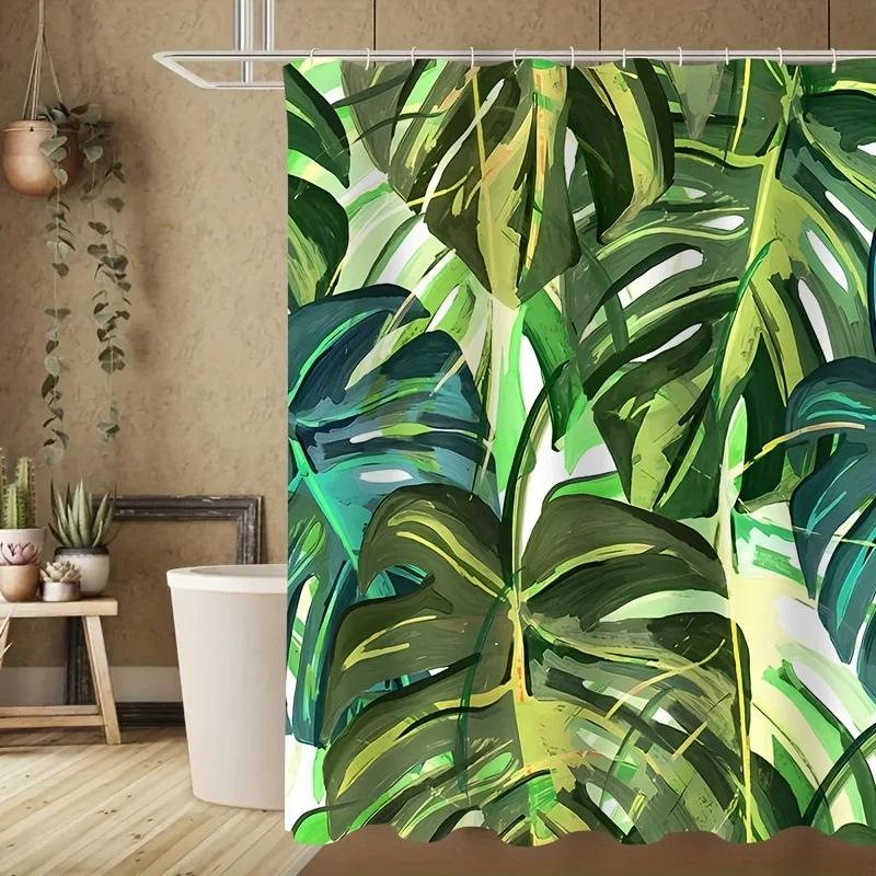 4pcs, Tropical Greenery Pattern,Apartment Bathroom, Shower Room Shower Curtain, Hotel Shower Curtain Set, with 12 Hooks